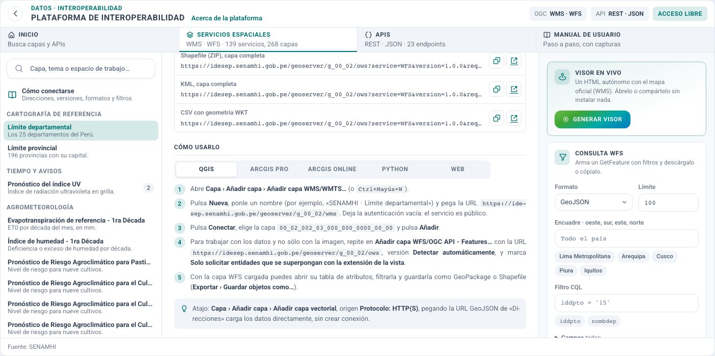Instrucciones para conectar la capa en QGIS.