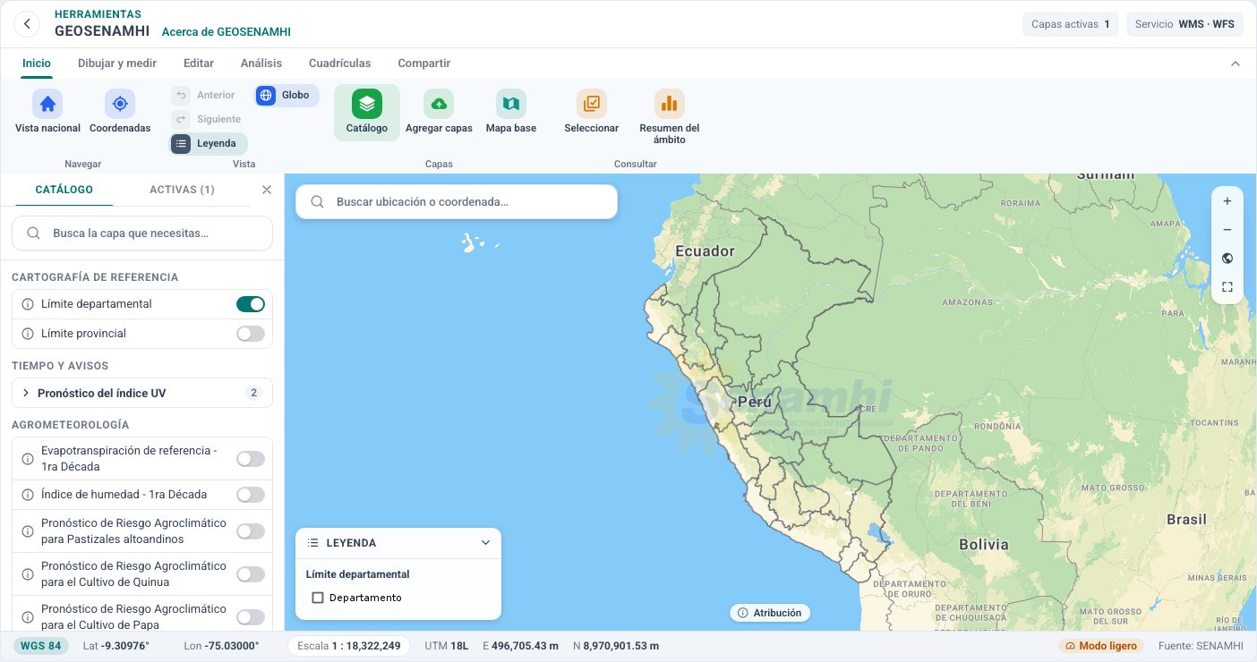 GEOSENAMHI, el visor de mapas, con el catálogo de capas.