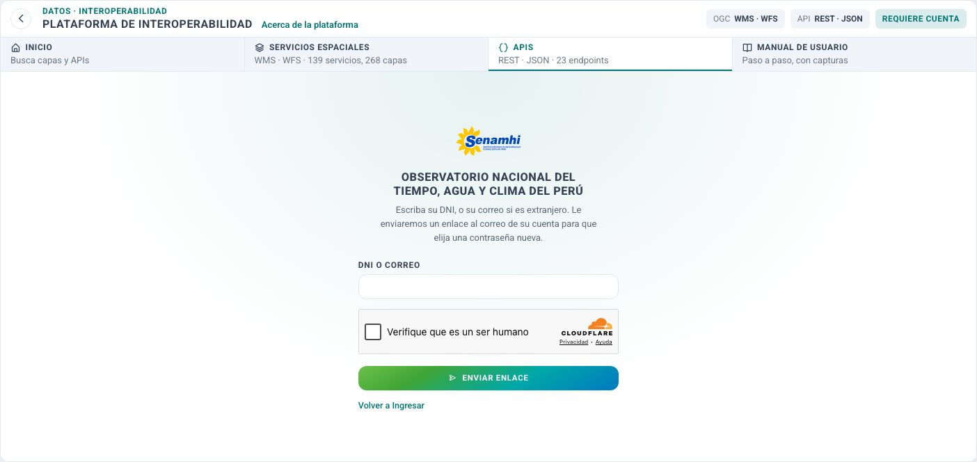 Pantalla para recuperar la contraseña.